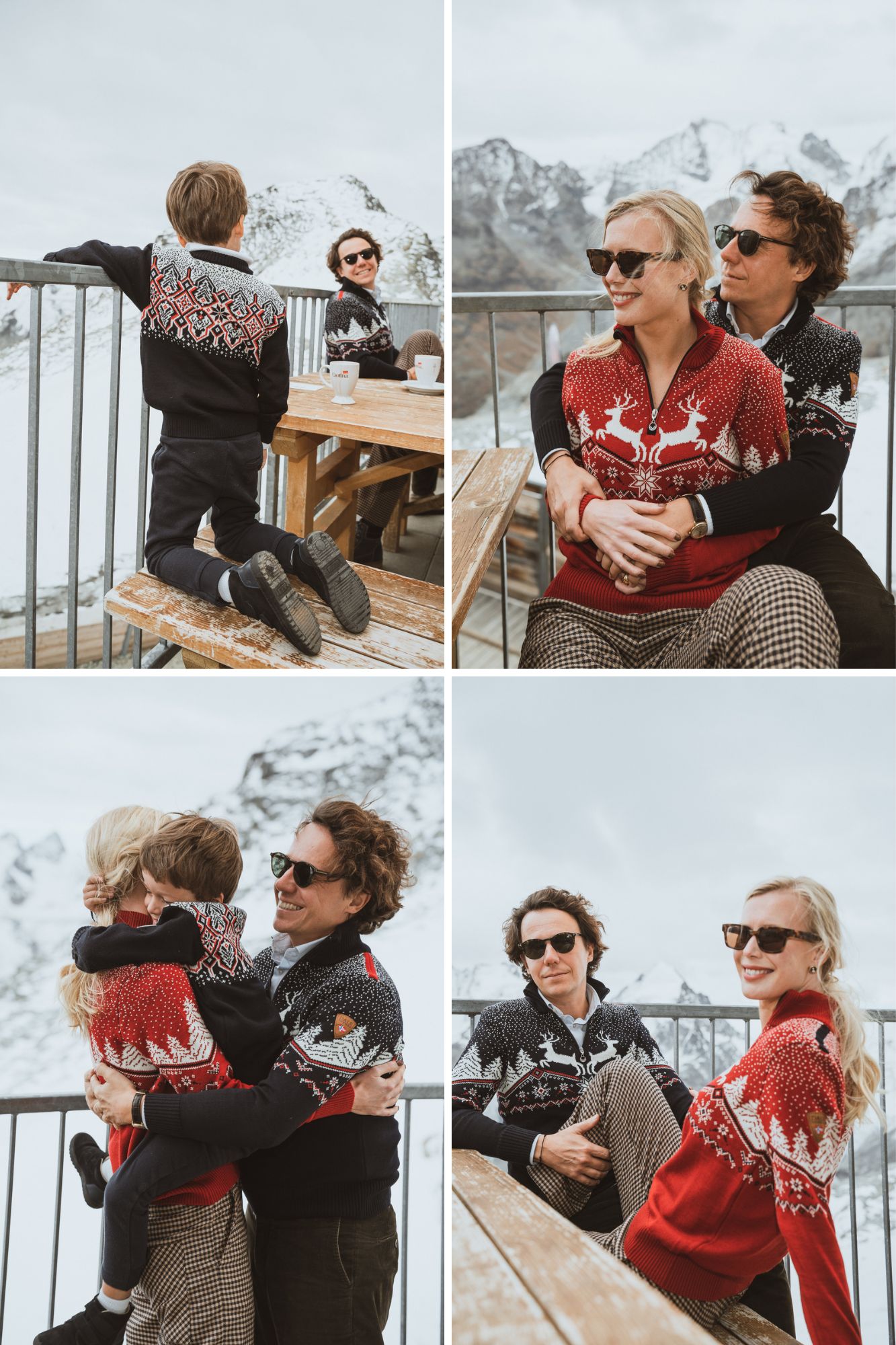 Familie og par iført julegensere med reinsdyrmønster fra Dale of Norway, nyter vinter og julestemning og utendørs hygge på fjellet med snø og varm drikke