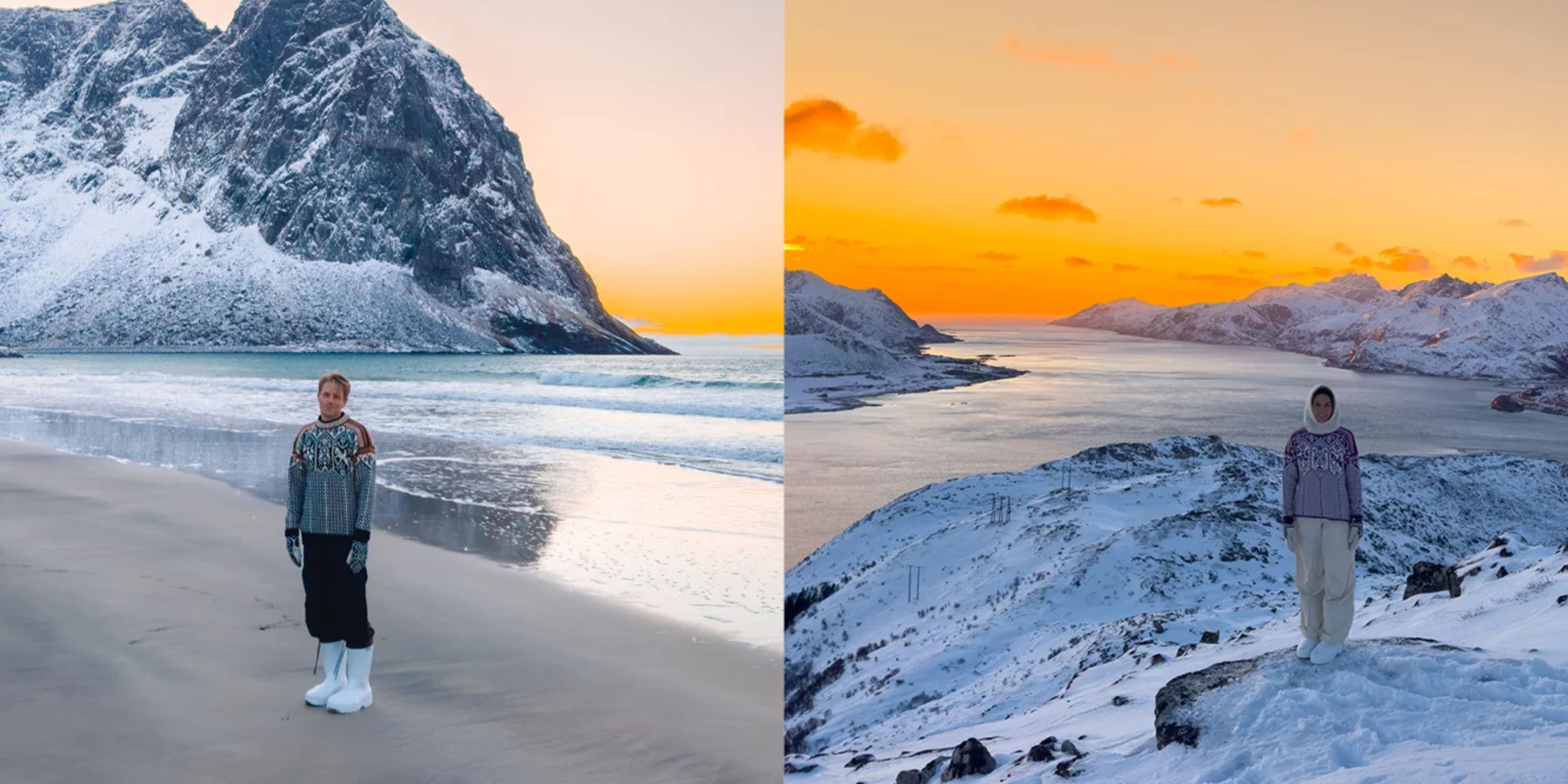 Elias og Kajsa i nord norge p&aring; en strand i OL gensere fra Dale of Norway
